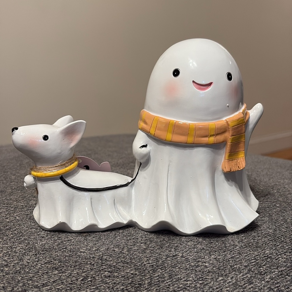 Charming Ghost Walking Dog Halloween Decor - White and Gold